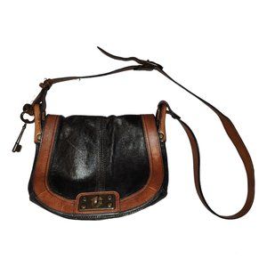 FOSSIL VINTAGE REISSUE Two Tone Brown Leather Flap Crossbody Messenger Bag